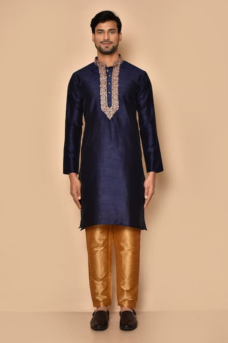 Buy_Arihant Rai Sinha_Blue Silk Embroidery Mandarin Collar Kurta Set _Online_at_Aza_Fashions