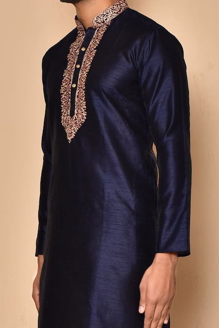 Shop_Arihant Rai Sinha_Blue Silk Embroidery Mandarin Collar Kurta Set _Online_at_Aza_Fashions