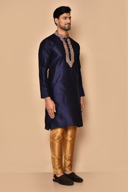 Arihant Rai Sinha_Blue Silk Embroidery Mandarin Collar Kurta Set _at_Aza_Fashions