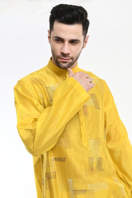 Buy_Samant Chauhan_Yellow Cotton, Silk Embroidery Geometric Kurta Set _Online_at_Aza_Fashions