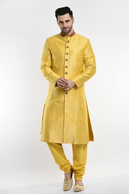 Samant Chauhan_Yellow Vegan Leather Stripe Pattern Sherwani Set _Online_at_Aza_Fashions