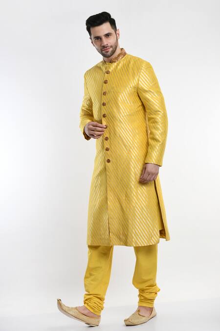 Buy_Samant Chauhan_Yellow Vegan Leather Stripe Pattern Sherwani Set _Online_at_Aza_Fashions