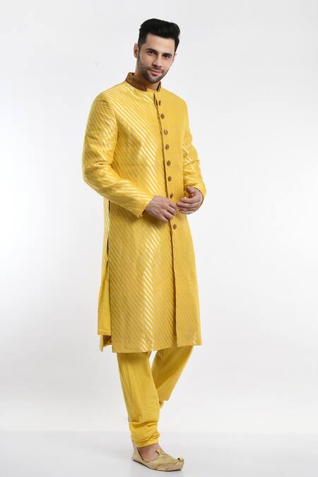 Shop_Samant Chauhan_Yellow Vegan Leather Stripe Pattern Sherwani Set _Online_at_Aza_Fashions