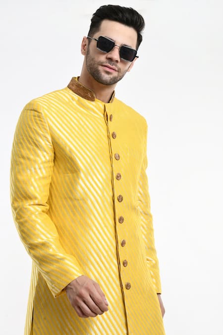 Samant Chauhan_Yellow Vegan Leather Stripe Pattern Sherwani Set _at_Aza_Fashions