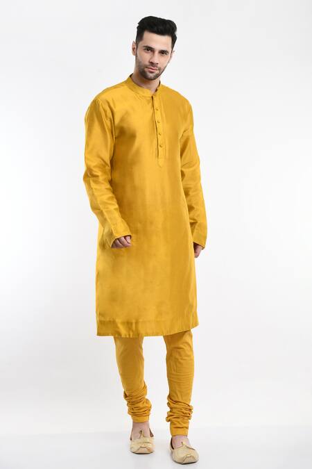 Samant Chauhan_Yellow Cotton Silk Embroidery Thread Linear Kurta Set _Online_at_Aza_Fashions