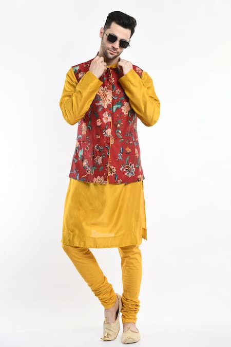 Buy Samant Chauhan Red Vegan Leather Printed Floristry Bundi And Kurta Set Online at Aza Fashions Buy_Samant Chauhan_Red Vegan Leather Printed Floristry Bundi And Kurta Set _Online_at_Aza_Fashions