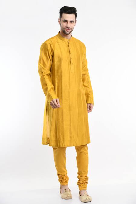 Samant Chauhan_Yellow , Satin Full Sleeve Embroidered Kurta Set _Online_at_Aza_Fashions