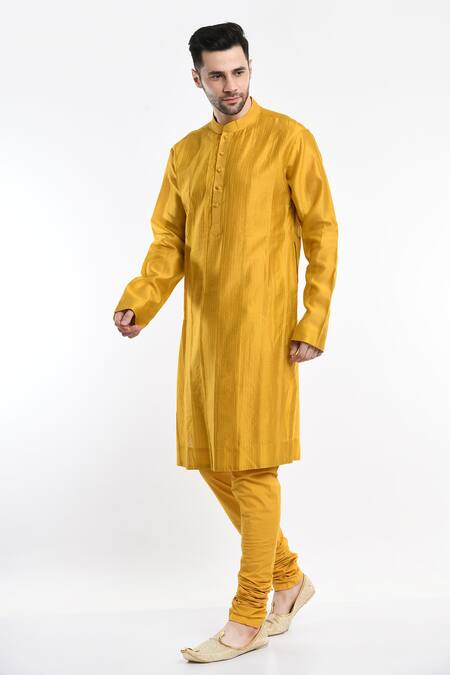 Buy_Samant Chauhan_Yellow , Satin Full Sleeve Embroidered Kurta Set _Online_at_Aza_Fashions