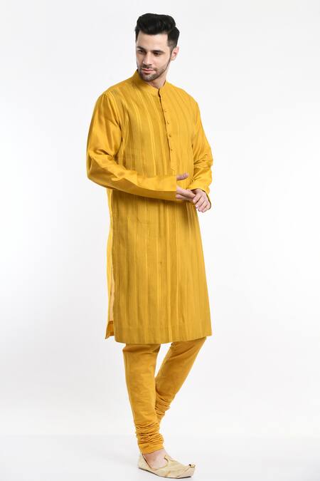 Shop_Samant Chauhan_Yellow Cotton Silk Embroidery Thread Linear Kurta Set _Online_at_Aza_Fashions