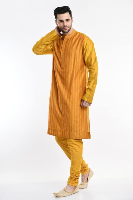 Samant Chauhan_Yellow Cotton, Silk Embroidery Stripe Kurta Set _Online_at_Aza_Fashions