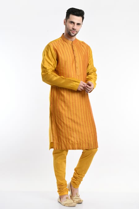 Buy_Samant Chauhan_Yellow Cotton, Silk Embroidery Stripe Kurta Set _Online_at_Aza_Fashions