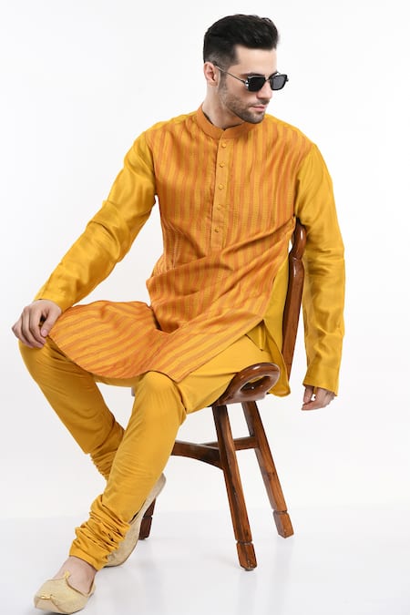 Shop_Samant Chauhan_Yellow Cotton, Silk Embroidery Stripe Kurta Set _Online_at_Aza_Fashions