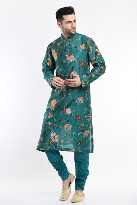 Samant Chauhan_Green Cotton Embroidery Florette Print Bundi And Kurta Set _Online_at_Aza_Fashions