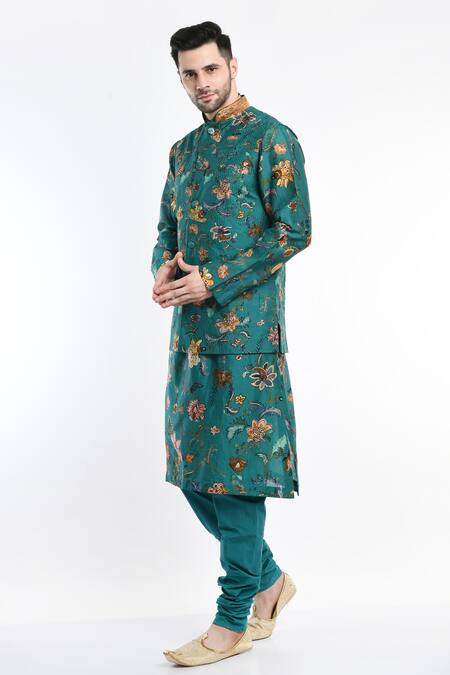 Buy_Samant Chauhan_Green Cotton Embroidery Florette Print Bundi And Kurta Set _Online_at_Aza_Fashions