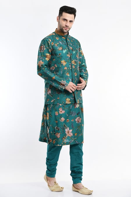 Shop_Samant Chauhan_Green Cotton Embroidery Florette Print Bundi And Kurta Set _Online_at_Aza_Fashions