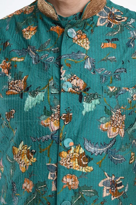 Samant Chauhan_Green Cotton Embroidery Florette Print Bundi And Kurta Set _at_Aza_Fashions