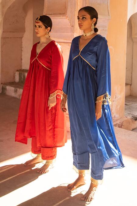 Buy_Avaasya Jaipur_Blue Cotton, Silk Lace, Tassels V-neck Neckline Embellished Kurta And Pant Set 