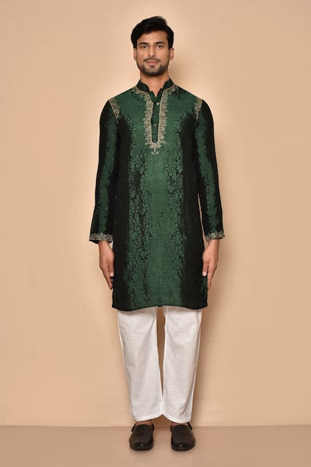 Arihant Rai Sinha_Green Silk Embroidery Placement Kurta _Online_at_Aza_Fashions