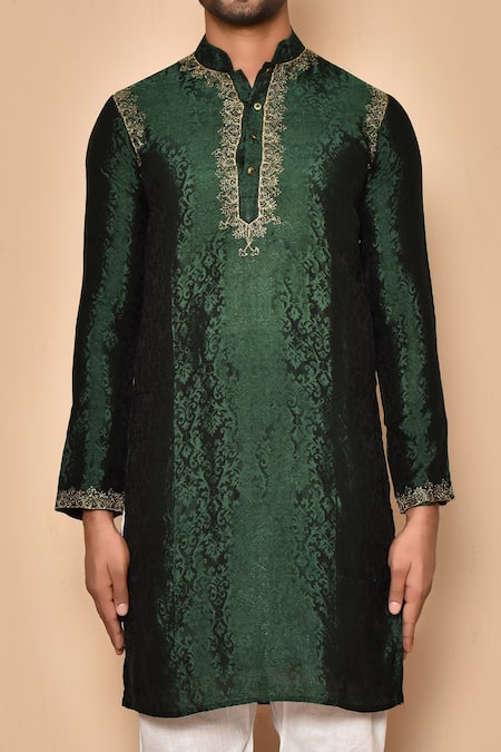 Buy_Arihant Rai Sinha_Green Silk Embroidery Placement Kurta _Online_at_Aza_Fashions