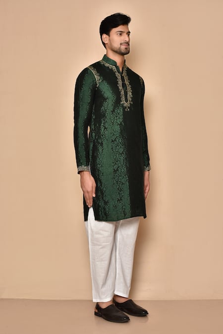 Shop_Arihant Rai Sinha_Green Silk Embroidery Placement Kurta _Online_at_Aza_Fashions