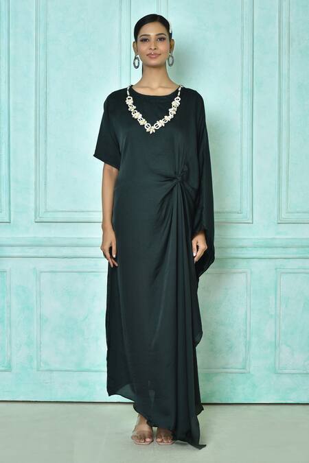 Naintara Bajaj_Green Mini Silk Embellishment Shell Boat Asymmetric Hem Kaftan_Online_at_Aza_Fashions