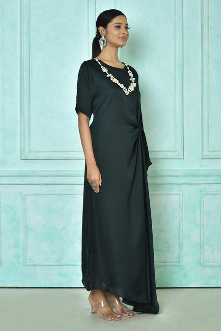 Shop_Naintara Bajaj_Green Mini Silk Embellishment Shell Boat Asymmetric Hem Kaftan_Online_at_Aza_Fashions