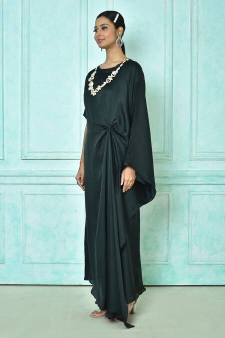 Naintara Bajaj_Green Mini Silk Embellishment Shell Boat Asymmetric Hem Kaftan_at_Aza_Fashions