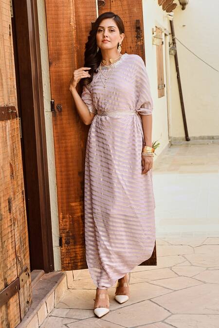 Palak & Mehak Purple Georgette, Lurex, Cotton Zari Round Ziva Stripe Pattern Dress With Belt Online at Aza Fashions Palak & Mehak_Purple Georgette, Lurex, Cotton Zari Round Ziva Stripe Pattern Dress With Belt _Online_at_Aza_Fashions