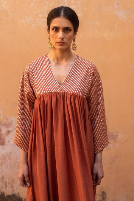 Shop_Avaasya Jaipur_Orange Cotton, Silk Gota Patti V-neck Bodice Embroidered Anarkali And Pant Set _Online_at_Aza_Fashions