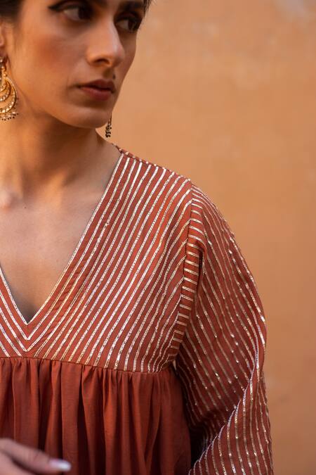 Avaasya Jaipur_Orange Cotton, Silk Gota Patti V-neck Bodice Embroidered Anarkali And Pant Set _at_Aza_Fashions