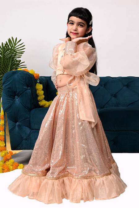 Kids Lane_Peach Organza Sequins Balloon Sleeved Top And Lehenga Set_Online_at_Aza_Fashions