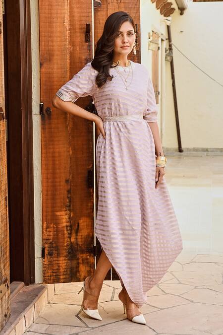 Buy Palak & Mehak Purple Georgette, Lurex, Cotton Zari Round Ziva Stripe Pattern Dress With Belt Online at Aza Fashions Buy_Palak & Mehak_Purple Georgette, Lurex, Cotton Zari Round Ziva Stripe Pattern Dress With Belt _Online_at_Aza_Fashions