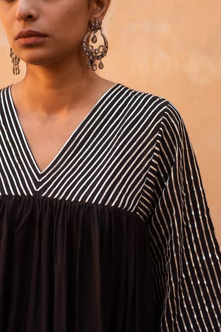 Shop_Avaasya Jaipur_Black Cotton, Silk Gota Patti V-neck Anarkali And Pant Set _Online_at_Aza_Fashions