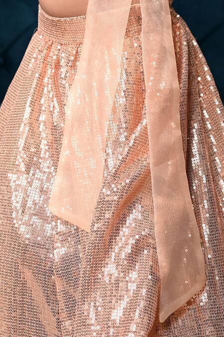 Buy_Kids Lane_Peach Organza Sequins Balloon Sleeved Top And Lehenga Set_Online_at_Aza_Fashions
