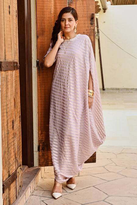 Palak & Mehak Purple Georgette, Lurex, Cotton Zari Round Ziva Stripe Pattern Dress With Belt at Aza Fashions Palak & Mehak_Purple Georgette, Lurex, Cotton Zari Round Ziva Stripe Pattern Dress With Belt _at_Aza_Fashions