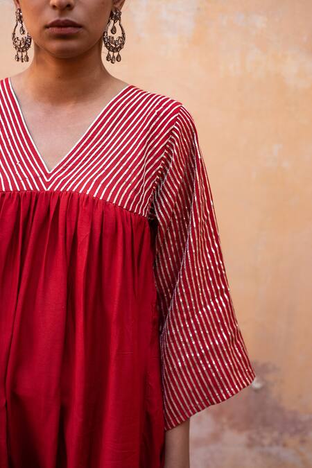 Shop_Avaasya Jaipur_Red Cotton, Silk Gota Patti V-neck V Anarkali And Pant Set 