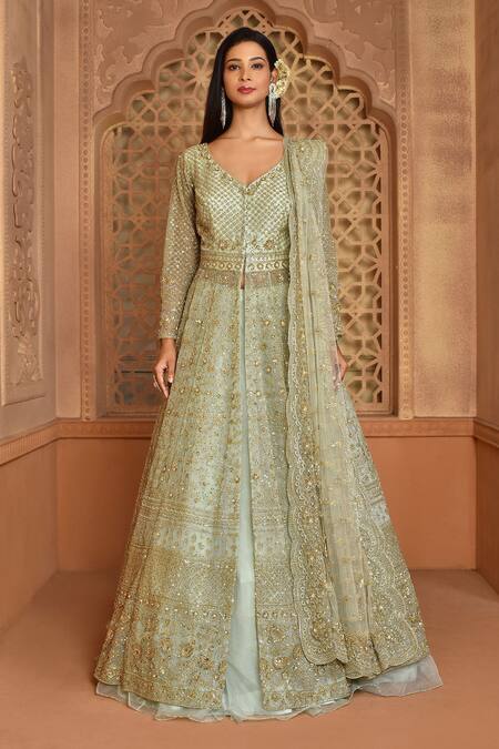 Kalighata_Green Organza Sequins, Embroidery V-neck Queen Jacket Lehenga Set _Online_at_Aza_Fashions