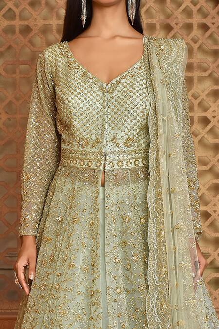 Buy Kalighata Green Organza Sequins, Embroidery V-neck Queen Jacket Lehenga Set Online at Aza Fashions Buy_Kalighata_Green Organza Sequins, Embroidery V-neck Queen Jacket Lehenga Set _Online_at_Aza_Fashions