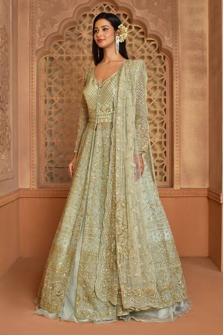 Shop_Kalighata_Green Organza Sequins, Embroidery V-neck Queen Jacket Lehenga Set _Online_at_Aza_Fashions