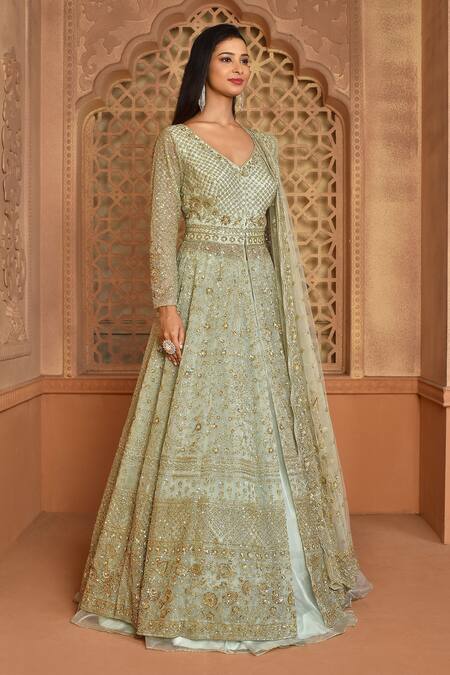 Kalighata_Green Organza Sequins, Embroidery V-neck Queen Jacket Lehenga Set _at_Aza_Fashions