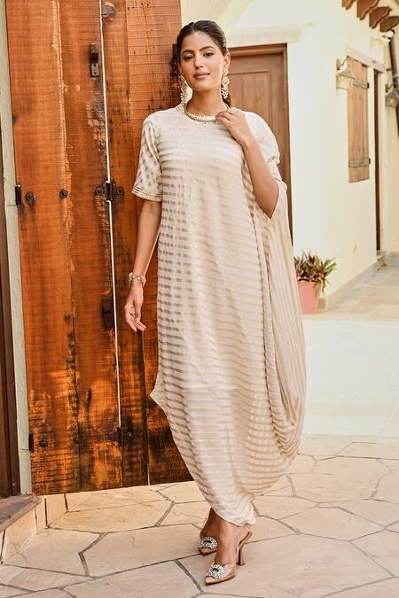 Shop_Palak & Mehak_Ivory Georgette, Lurex Zari Round Ziva Asymmetric Stripe Pattern Dress With Belt _Online_at_Aza_Fashions