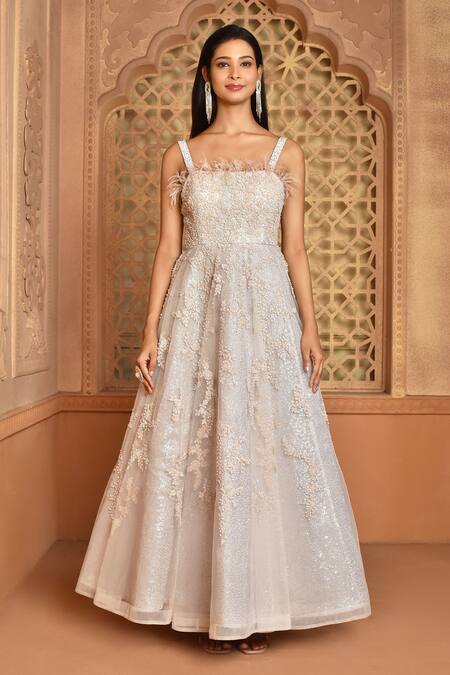 Kalighata_Pink Organza Sequins, Cut Work Square Neck Tube Zoya Embroidered Gown_Online_at_Aza_Fashions