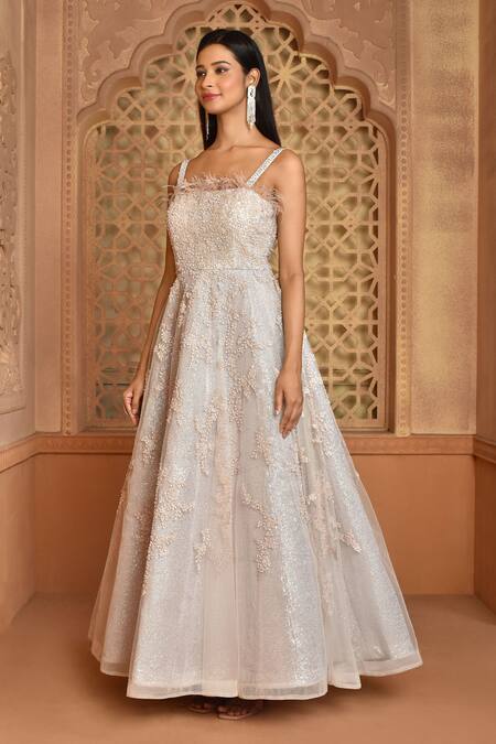 Shop_Kalighata_Pink Organza Sequins, Cut Work Square Neck Tube Zoya Embroidered Gown_Online_at_Aza_Fashions