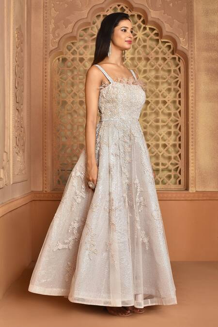 Kalighata_Pink Organza Sequins, Cut Work Square Neck Tube Zoya Embroidered Gown_at_Aza_Fashions