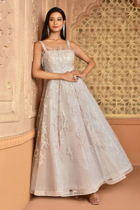 Buy_Kalighata_Pink Organza Sequins, Cut Work Square Neck Tube Zoya Embroidered Gown