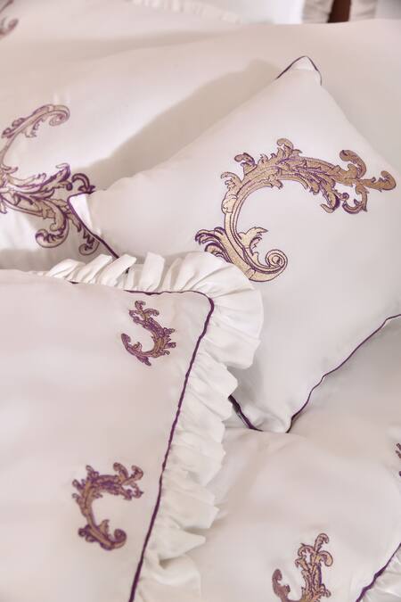 Shop_LA Paloma_White 100% Cotton Embroidered Baroque Bedsheet Set_Online_at_Aza_Fashions