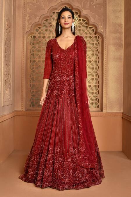 Kalighata_Maroon Net Embroidery, Sequins V-neck Sea Noor Gown _Online_at_Aza_Fashions