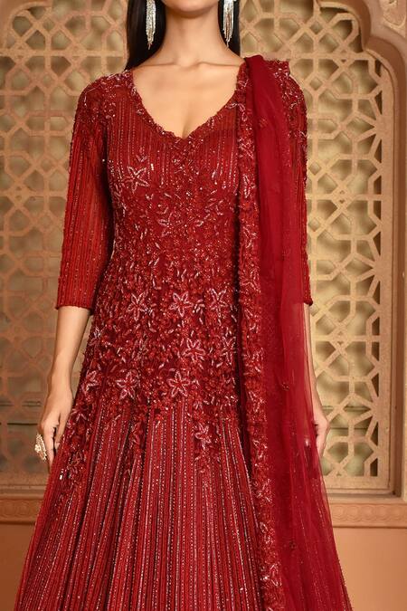Buy Kalighata Maroon Net Embroidery, Sequins V-neck Sea Noor Gown Online at Aza Fashions Buy_Kalighata_Maroon Net Embroidery, Sequins V-neck Sea Noor Gown _Online_at_Aza_Fashions