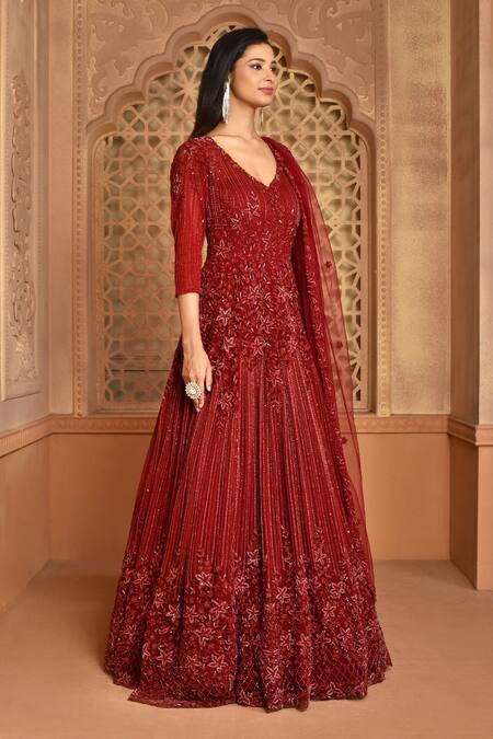 Shop_Kalighata_Maroon Net Embroidery, Sequins V-neck Sea Noor Gown _Online_at_Aza_Fashions