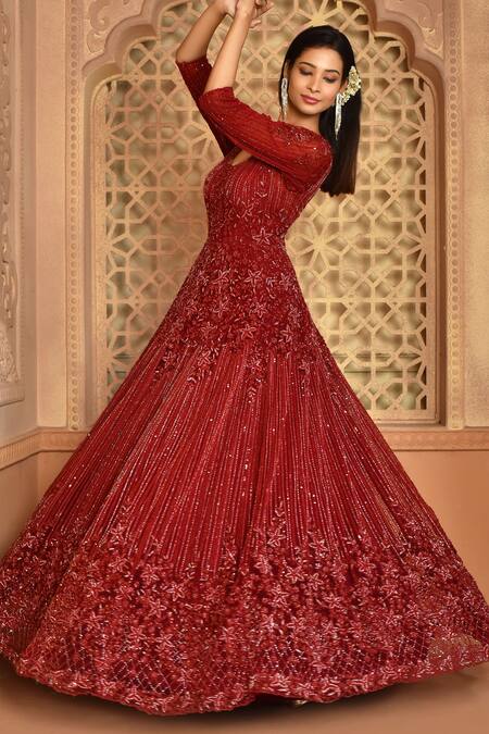 Buy_Kalighata_Maroon Net Embroidery, Sequins V-neck Sea Noor Gown 